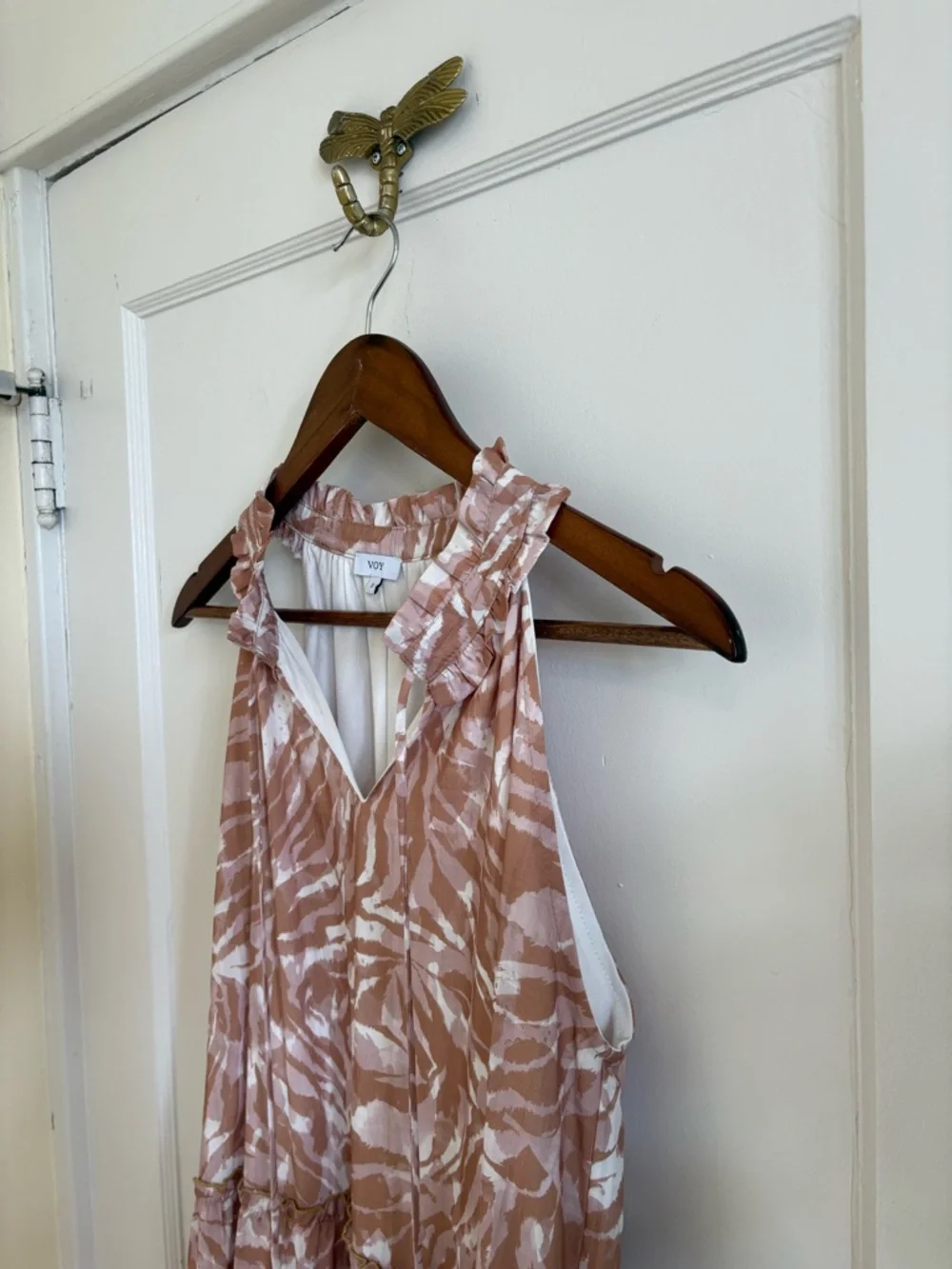 VOY Sleeveless Beige & Pink Patterned Midi Dress‎ with Yellow Trim Small